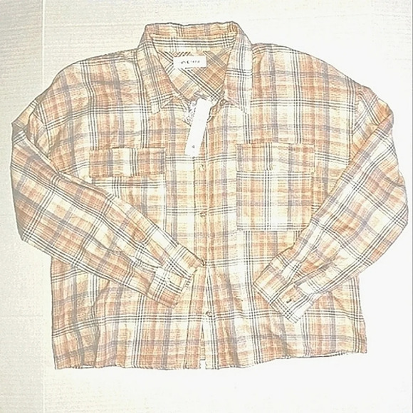 Tan and Grey Soft Crop Plaid Button Down Shirt - Picture 1 of 6